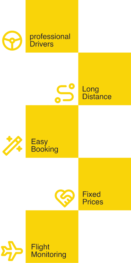 Checkerboard graphic of professional drivers, long distance, easy booking, fixed prices and flight monitoring